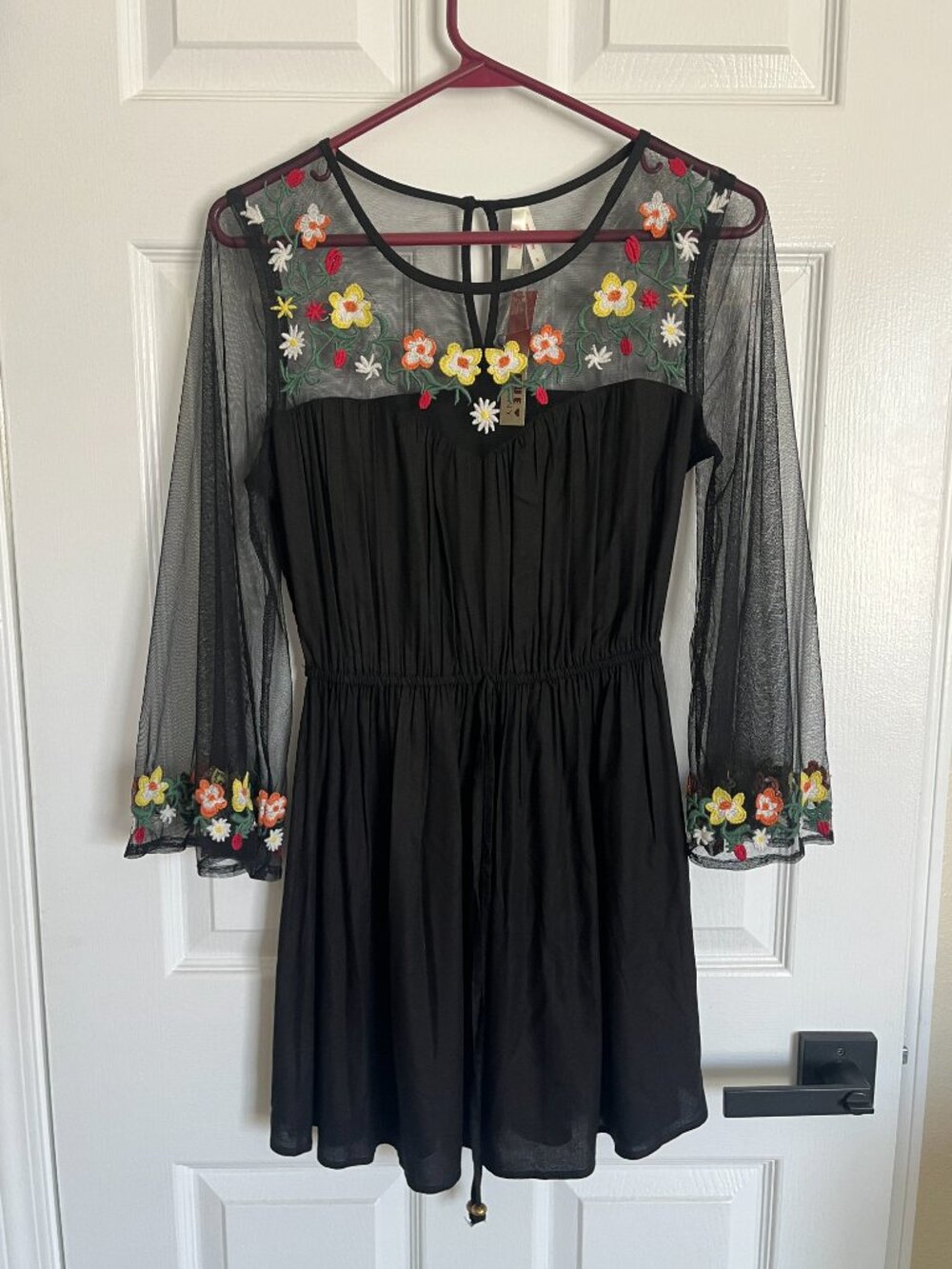 True Destiny Black Floral Embroidered Mesh Bell Sleeve Dress Small NWT